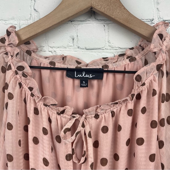 LULUS Love You Tier-ly Tiered Midi Blush Pink Brown Polka Dot Midi Dress size S - Picture 6 of 8